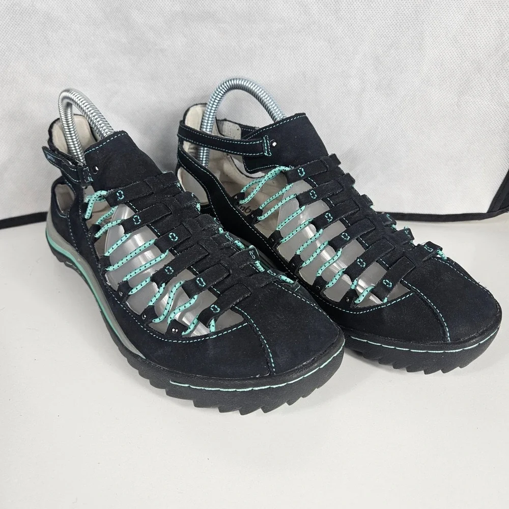 Jambu Bondi All Terra Black Teal Leather Bungee Sandals Womens 7M WJ16BON70